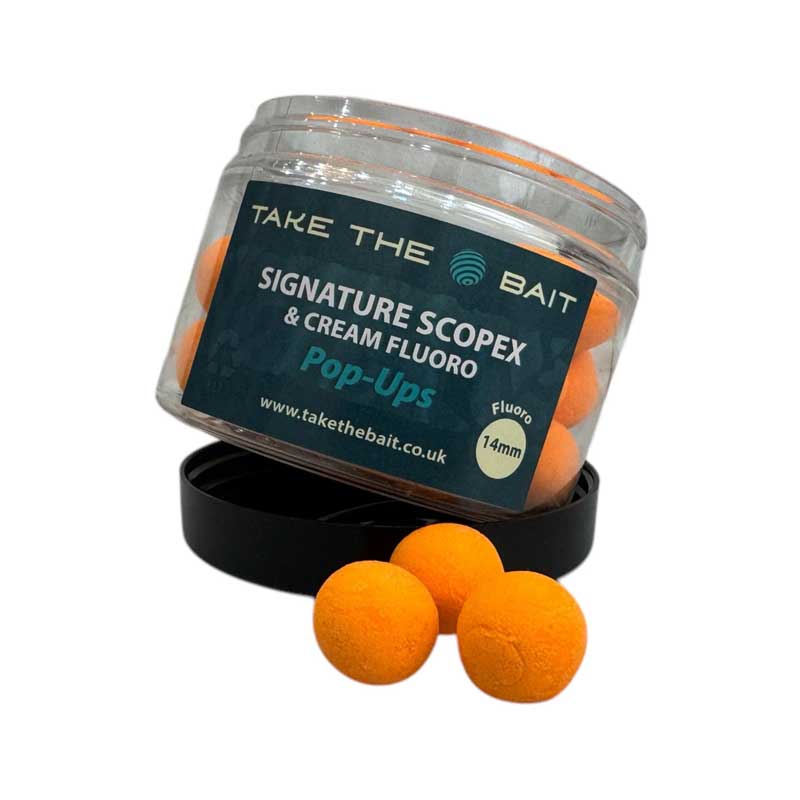 Orange pop up carp baits - Discover our bold reimagining of the classic Scopex & Cream—Take The Bait’s exclusive blend that’s unlike anything else on the market. After years of refining this formula, we’ve perfected a Signature Scopex & Cream profile that’s utterly irresistible to carp.